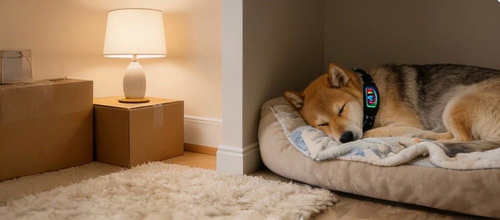 Dogs wearing Mello collar in stressful situations — calm, happy, protected