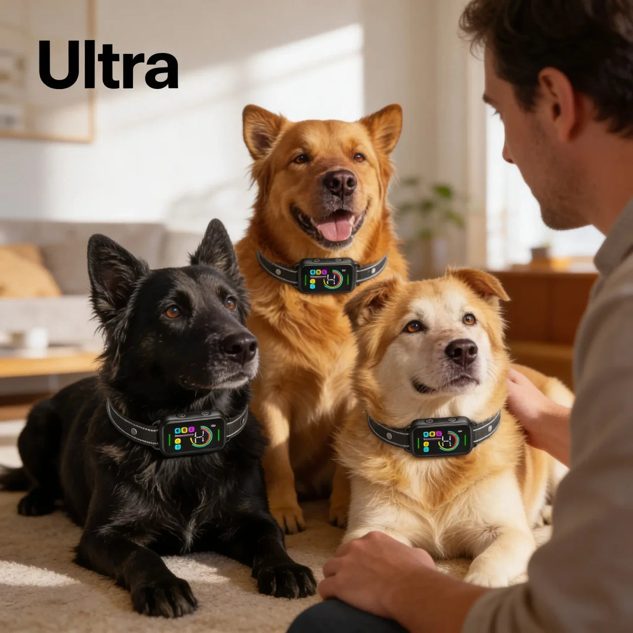Three happy dogs wearing Mello AI collar with owner — works for all sizes 8 to 120 lbs